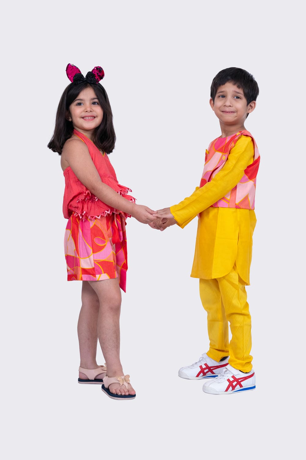 Twisha Boy's Full Sleeves Cotton Kurta Pyjama Geometric Print Jacket -Yellow & Coral