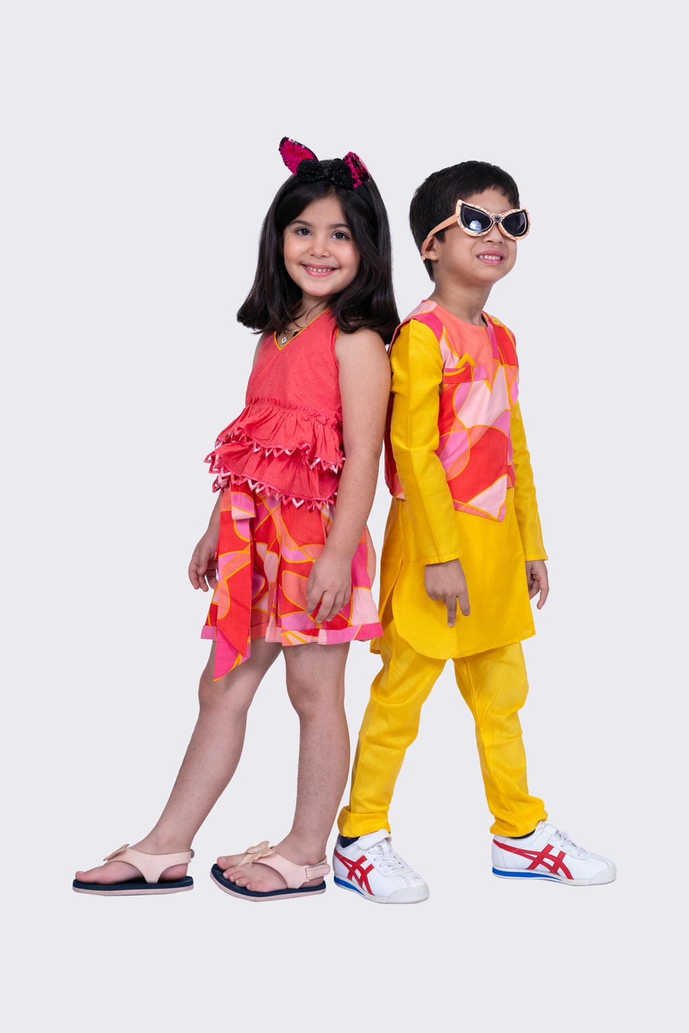 Twisha Boy's Full Sleeves Cotton Kurta Pyjama Geometric Print Jacket -Yellow & Coral