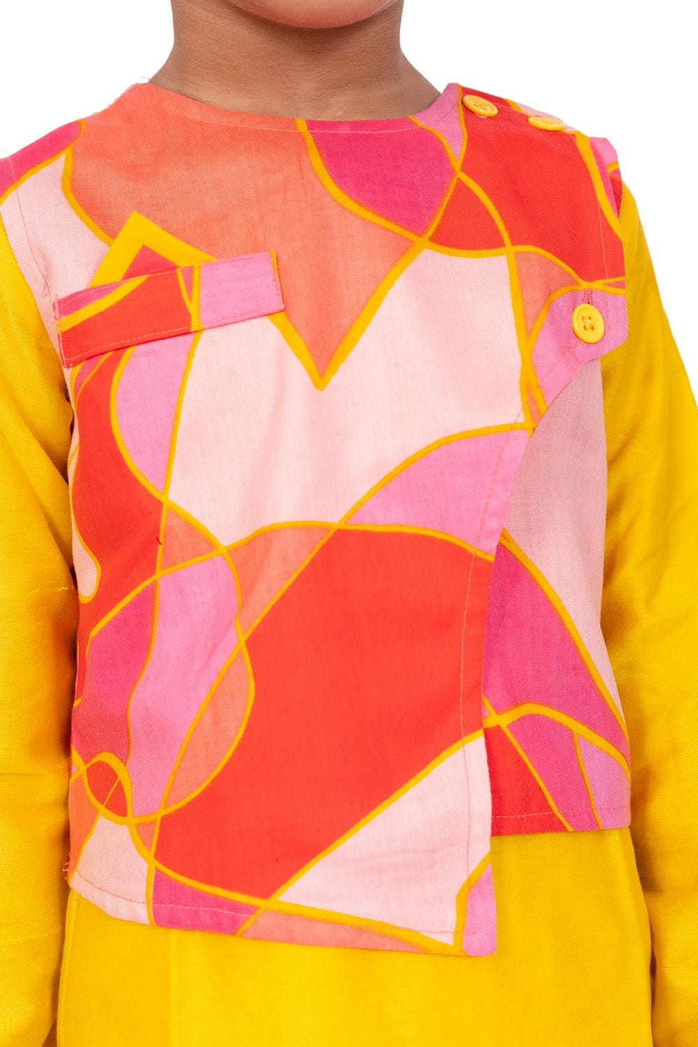 Twisha Boy's Full Sleeves Cotton Kurta Pyjama Geometric Print Jacket -Yellow & Coral