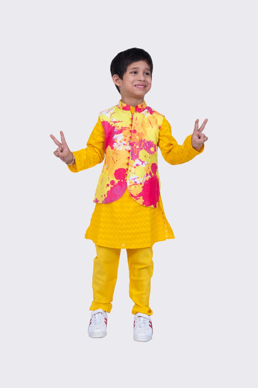 Twisha Boy's Full Sleeves Cotton Jaquard Kurta and Pyjama & Jacket - Multicolour