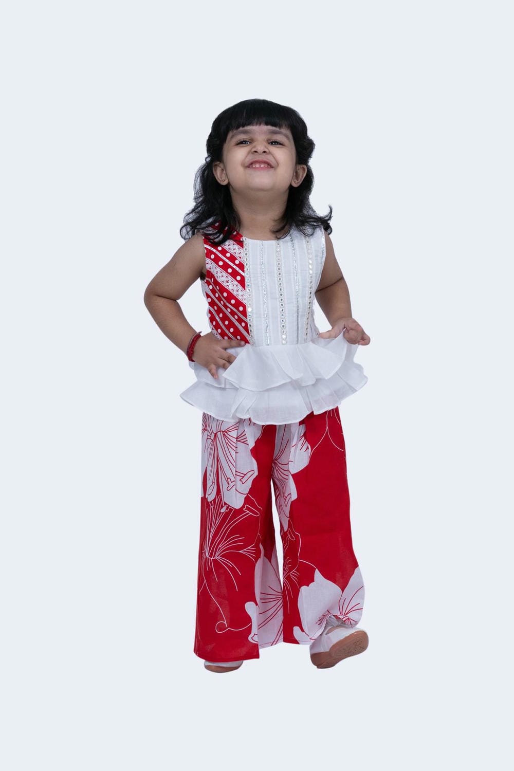 Twisha Girls Top & Palazzo Set-White & Red
