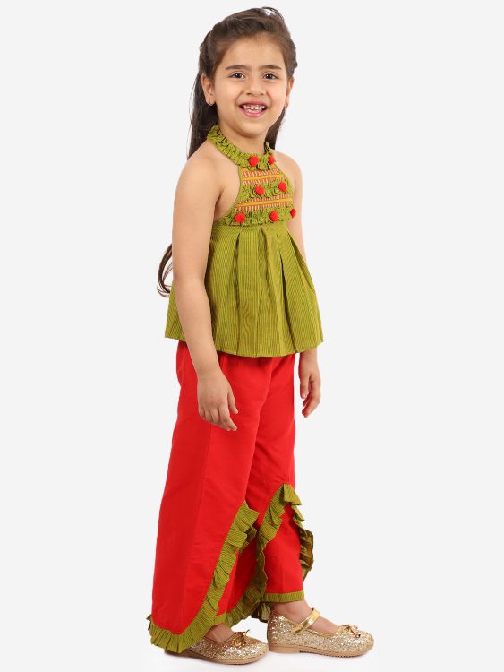 Twisha Girls Striped incut pleated Top with Layered Palazzo Set- Green & Red