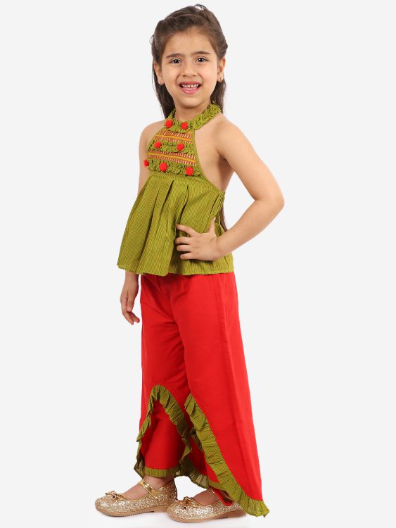 Twisha Girls Striped incut pleated Top with Layered Palazzo Set- Green & Red