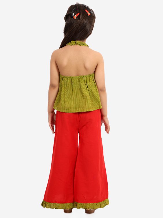 Twisha Girls Striped incut pleated Top with Layered Palazzo Set- Green & Red
