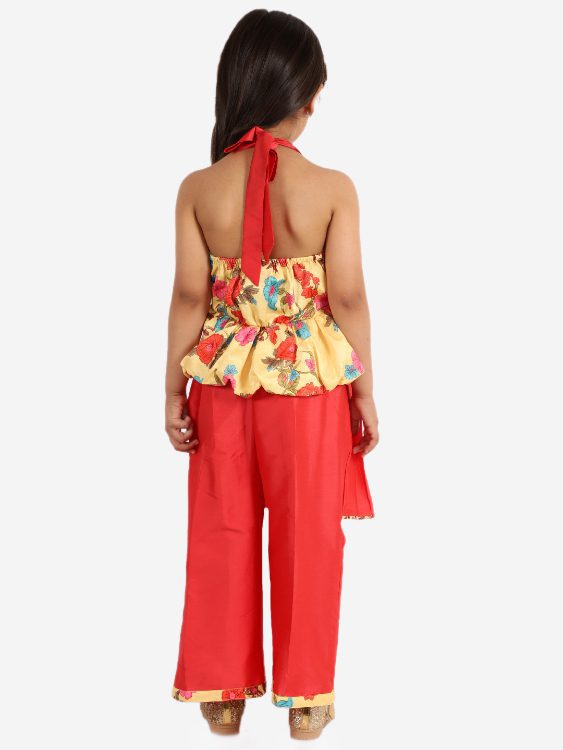 Twisha Girls Halter Neck  Top with Layered Palazzo set-Yellow and Coral
