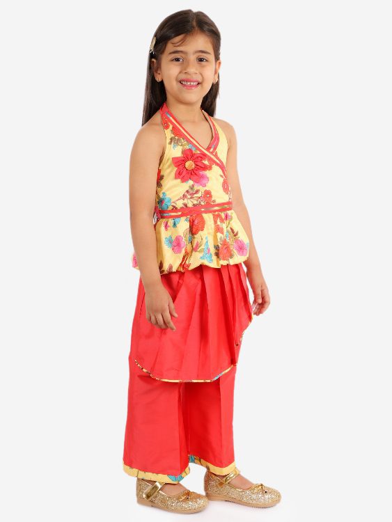 Twisha Girls Halter Neck  Top with Layered Palazzo set-Yellow and Coral