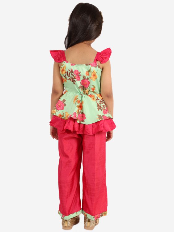 Twisha Girls Foral printed Frill detailed Peplum and Dhoti Set -Green and Pink