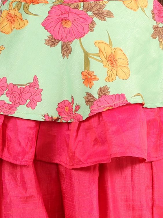 Twisha Girls Foral printed Frill detailed Peplum and Dhoti Set -Green and Pink
