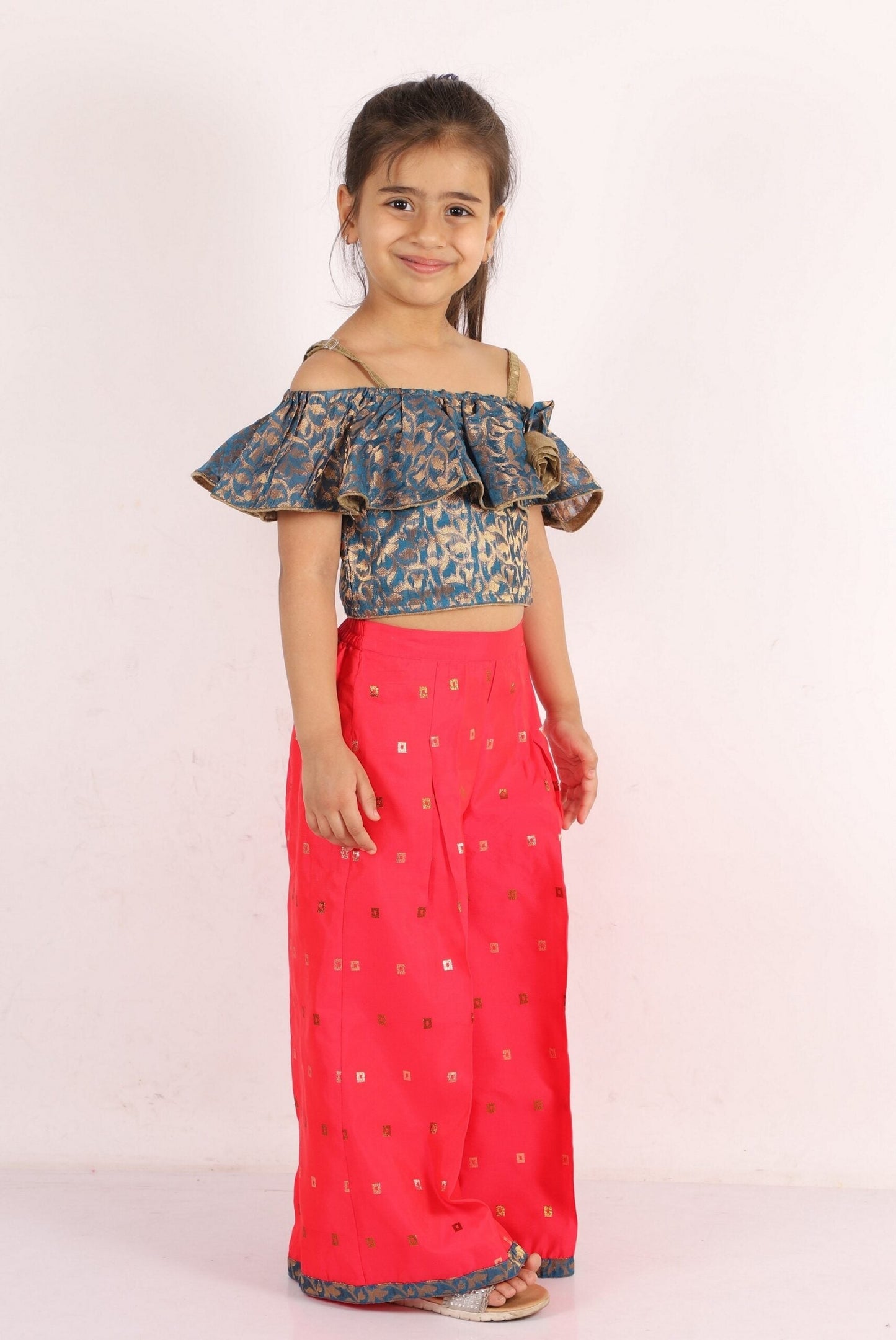 Twisha Girls Sleeveless Self Design Top With Palazzo Set - Blue & Red