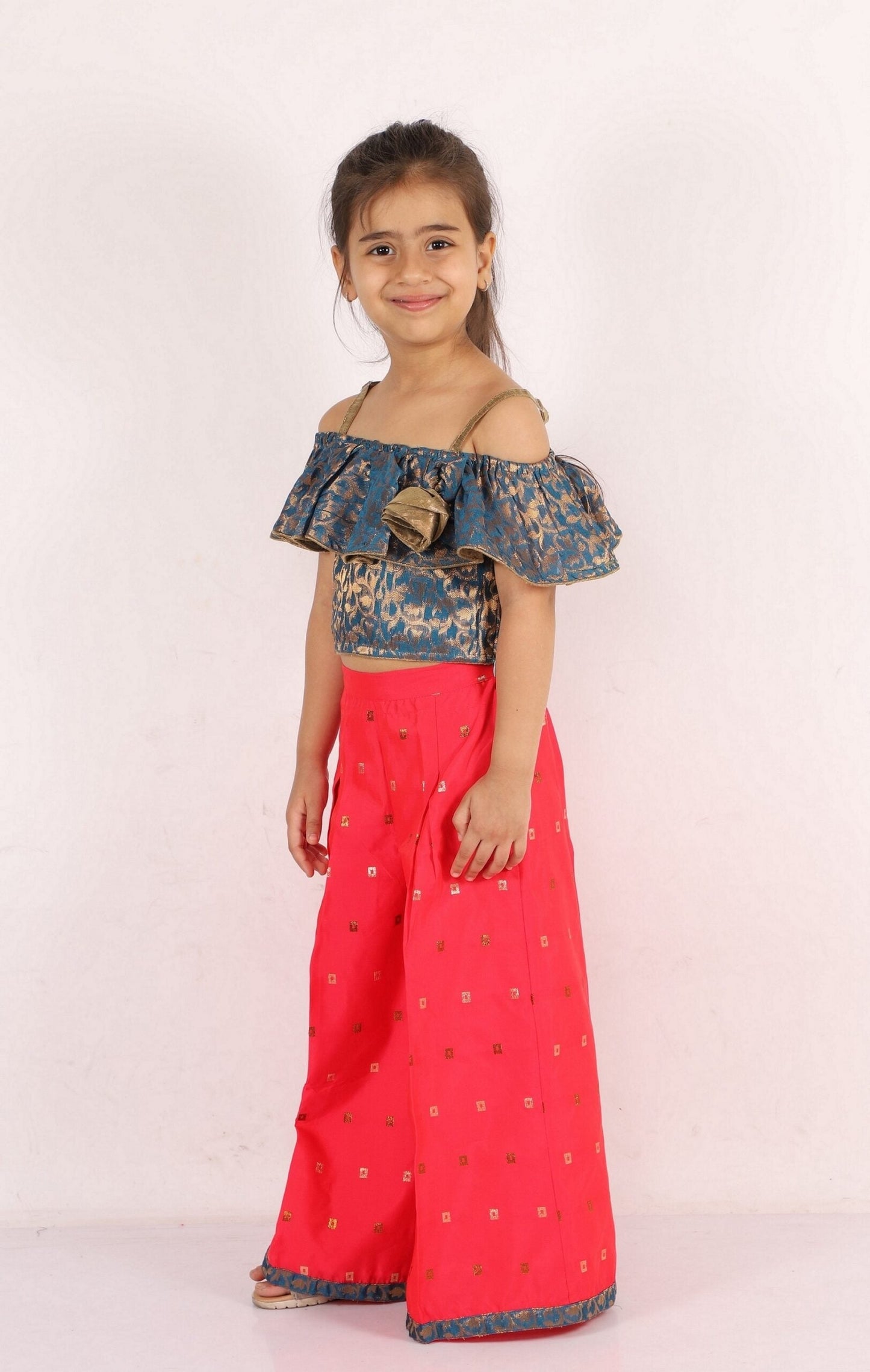 Twisha Girls Sleeveless Self Design Top With Palazzo Set - Blue & Red