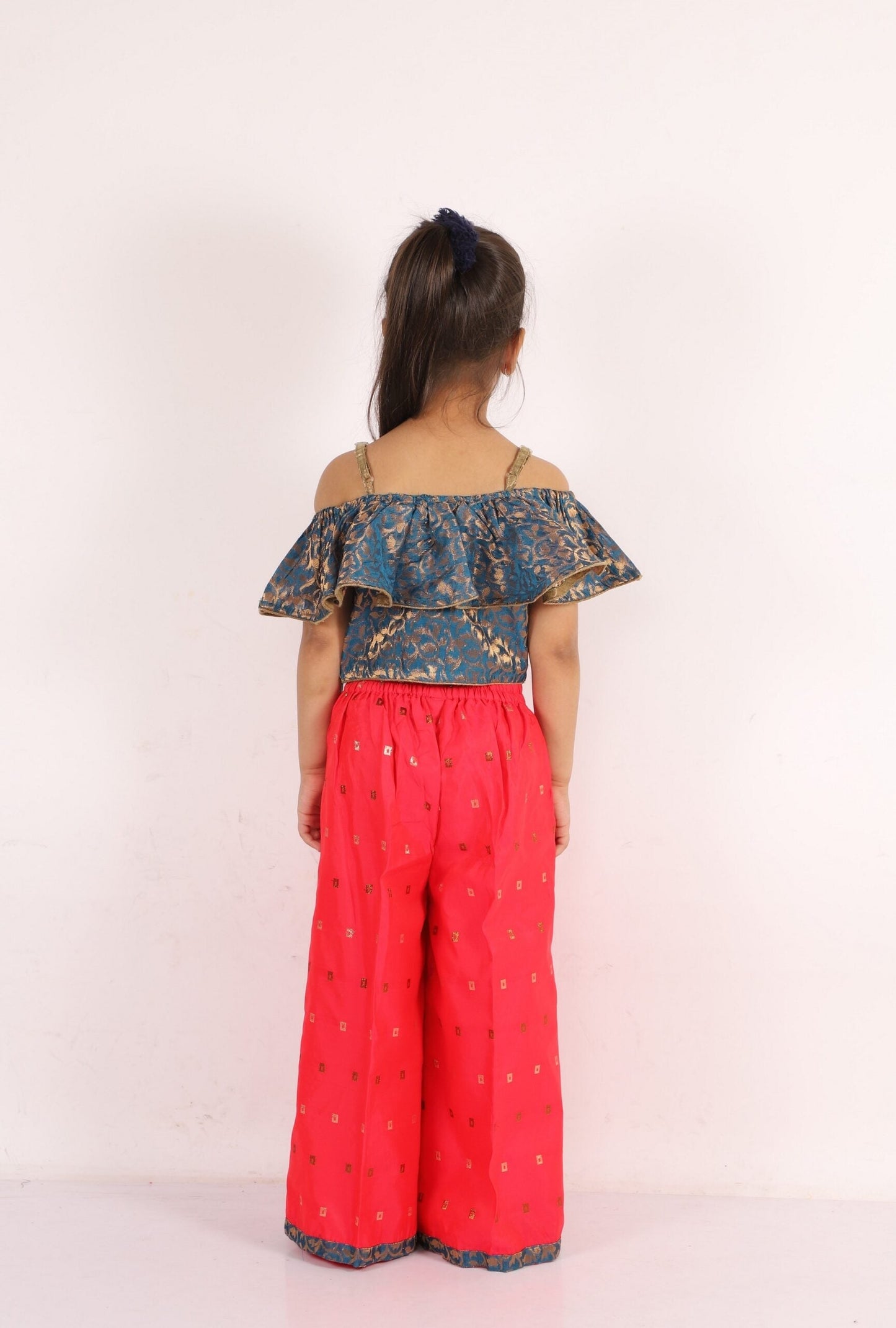 Twisha Girls Sleeveless Self Design Top With Palazzo Set - Blue & Red