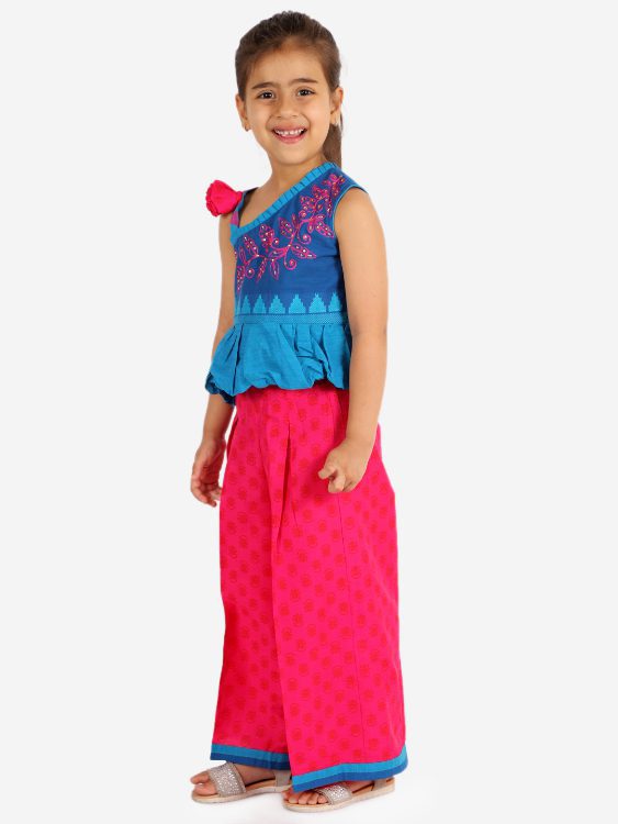 Twisha Girls Thread Work And Rhinestone Work Top With Palazzo- Blue & Pink
