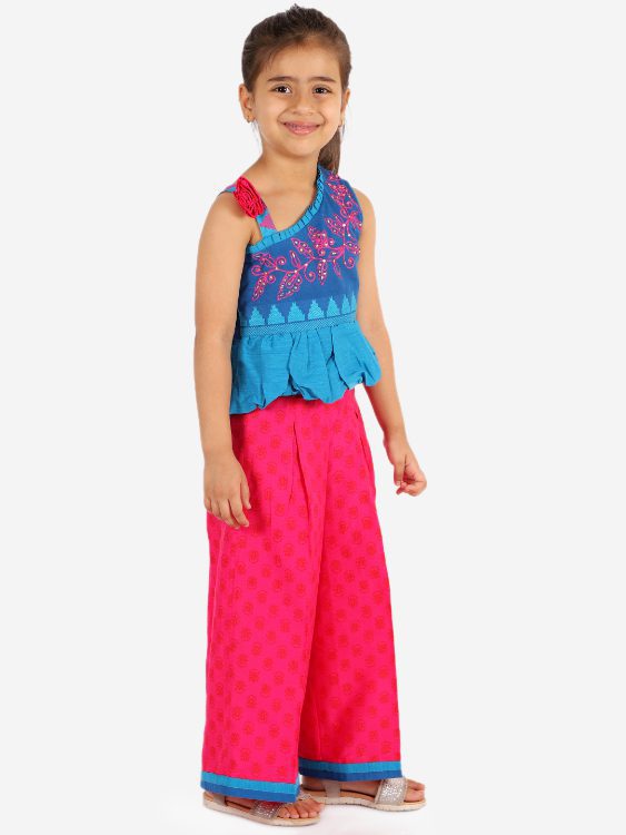 Twisha Girls Thread Work And Rhinestone Work Top With Palazzo- Blue & Pink