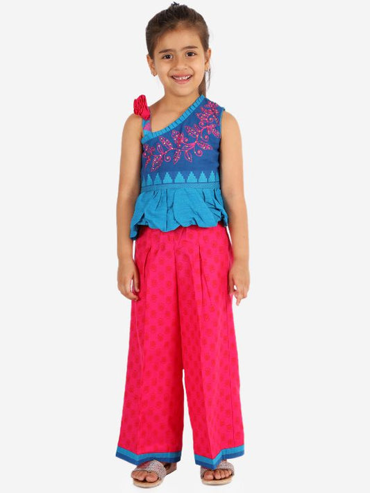 Twisha Girls Thread Work And Rhinestone Work Top With Palazzo- Blue & Pink