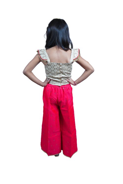 Twisha Girls Frill Detail Brocade Top with woven design Palazzo - Beige & Red