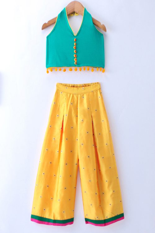 Twisha Girls Solid Knit Top Embellished With Pompom & Potali Buttons With Palazzo -  Seagreen & Yellow