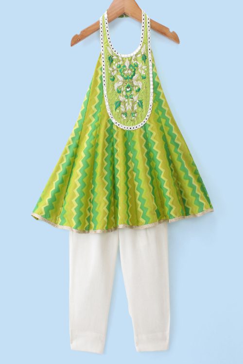 Twisha Girls Embellished Printed Halter Neck Top & Palazzo - Green & White
