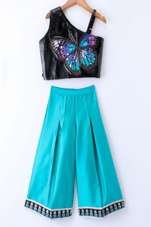 Twisha Girls Leather Top Embellished With Butterfly Patch And Studds & Self Designed Palazzo - Black & Blue