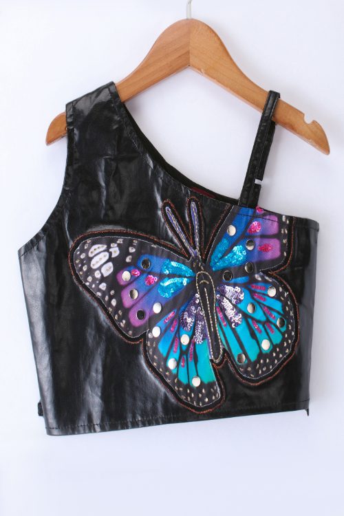 Twisha Girls Leather Top Embellished With Butterfly Patch And Studds & Self Designed Palazzo - Black & Blue