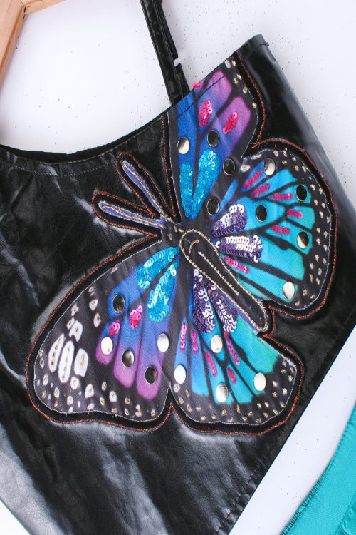 Twisha Girls Leather Top Embellished With Butterfly Patch And Studds & Self Designed Palazzo - Black & Blue