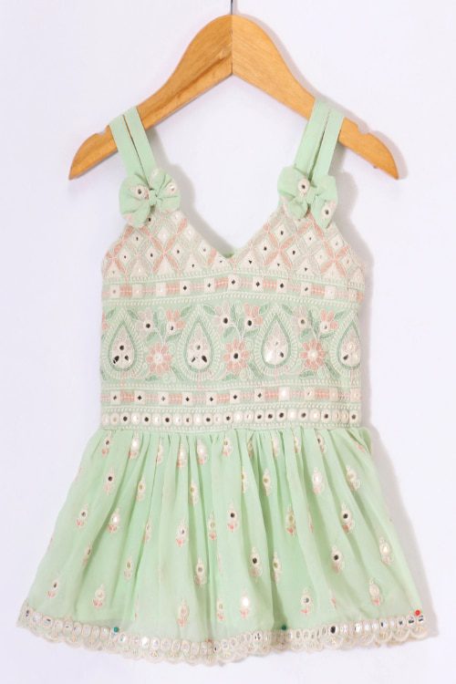Twisha Girls Mirror Worked Top & Sharara With Long Shrug - Green
