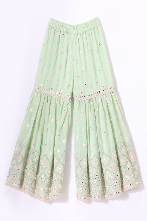 Twisha Girls Mirror Worked Top & Sharara With Long Shrug - Green