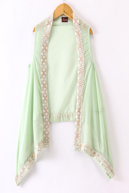 Twisha Girls Mirror Worked Top & Sharara With Long Shrug - Green