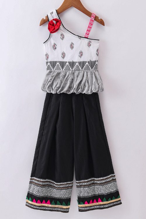 Twisha Girls One Shoulder Self Design Top & Palazzo - White & Black