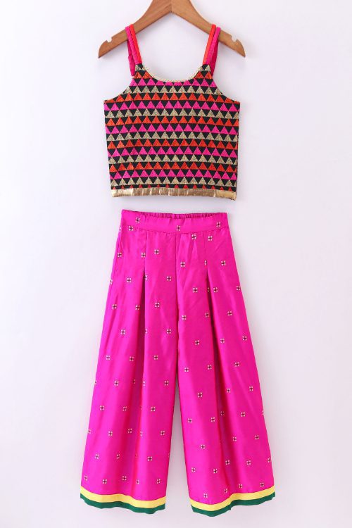 Twisha Girls Embroidered Top & Self Design Palazzo - Multi & Pink