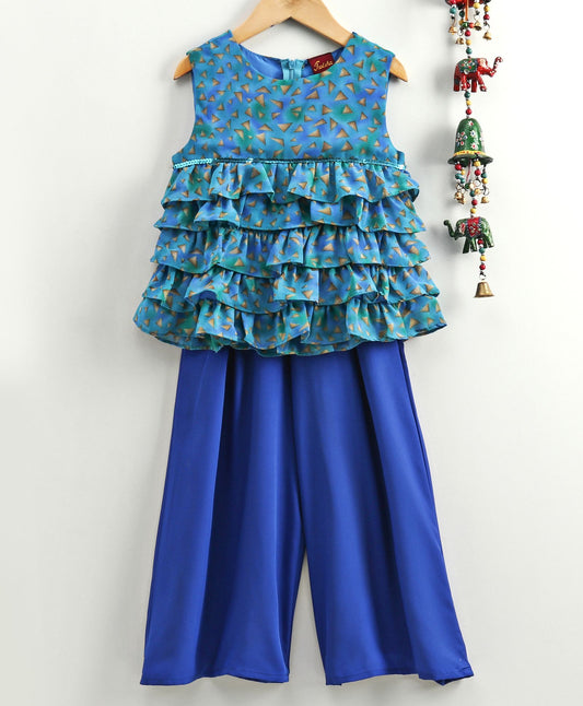 Twisha Girls Printed Frilled Top With Palazzo - Blue