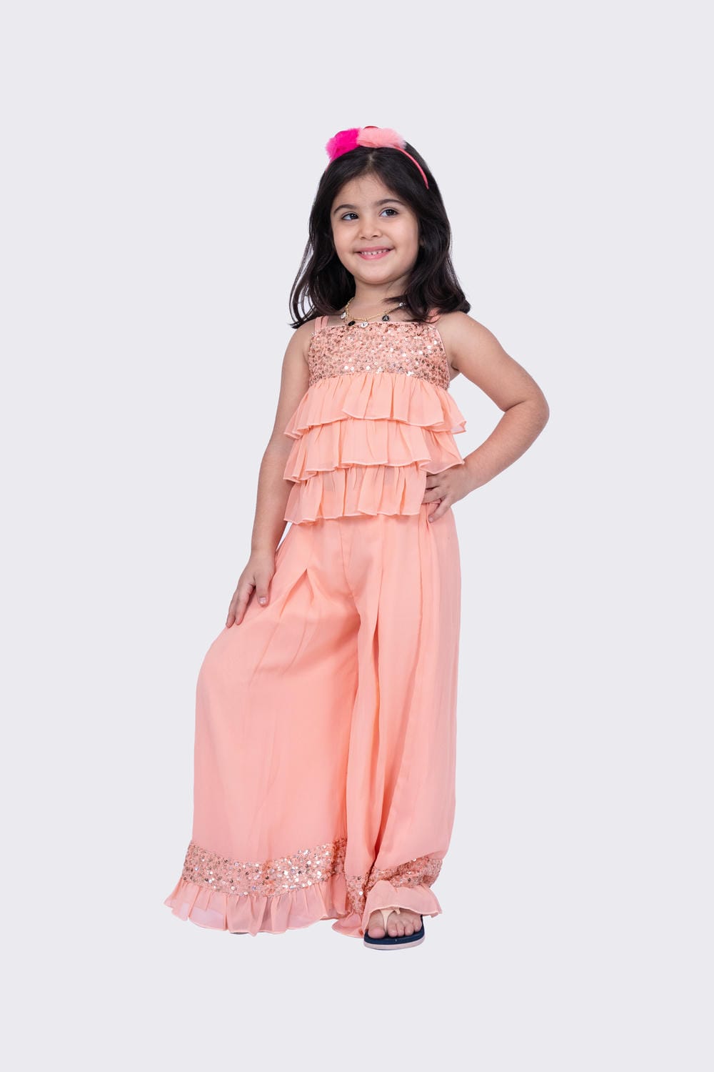 Twisha Girl's Sleeveless Strappy Georgette Sequenced Frilled Top & Palazzo - Peach