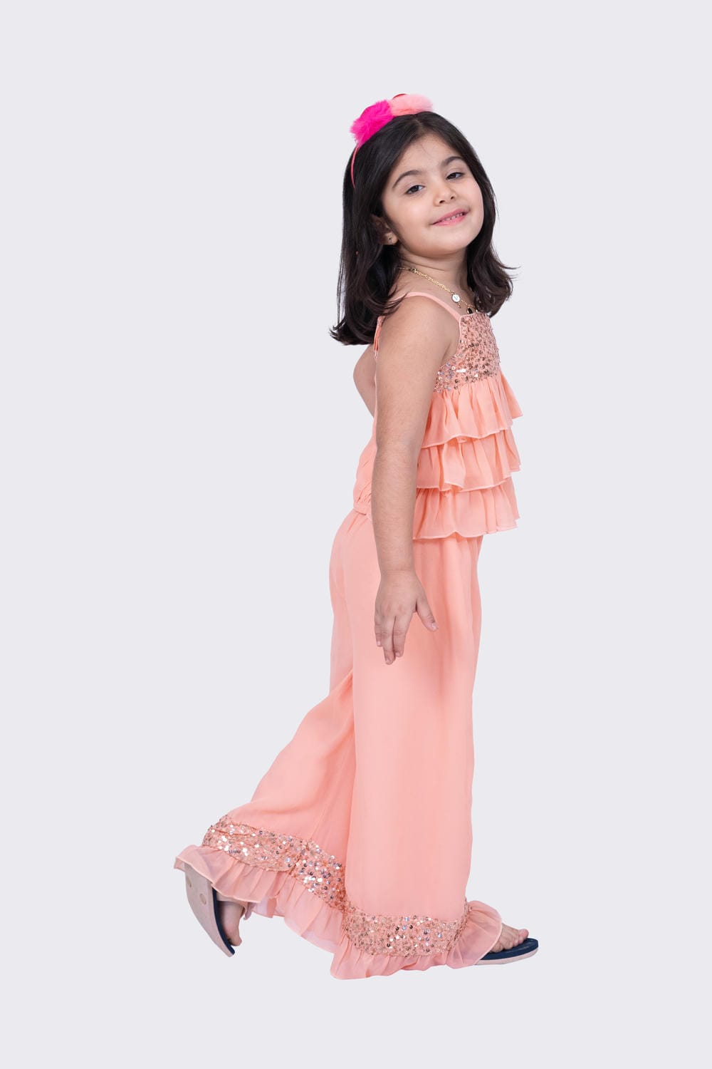 Twisha Girl's Sleeveless Strappy Georgette Sequenced Frilled Top & Palazzo - Peach