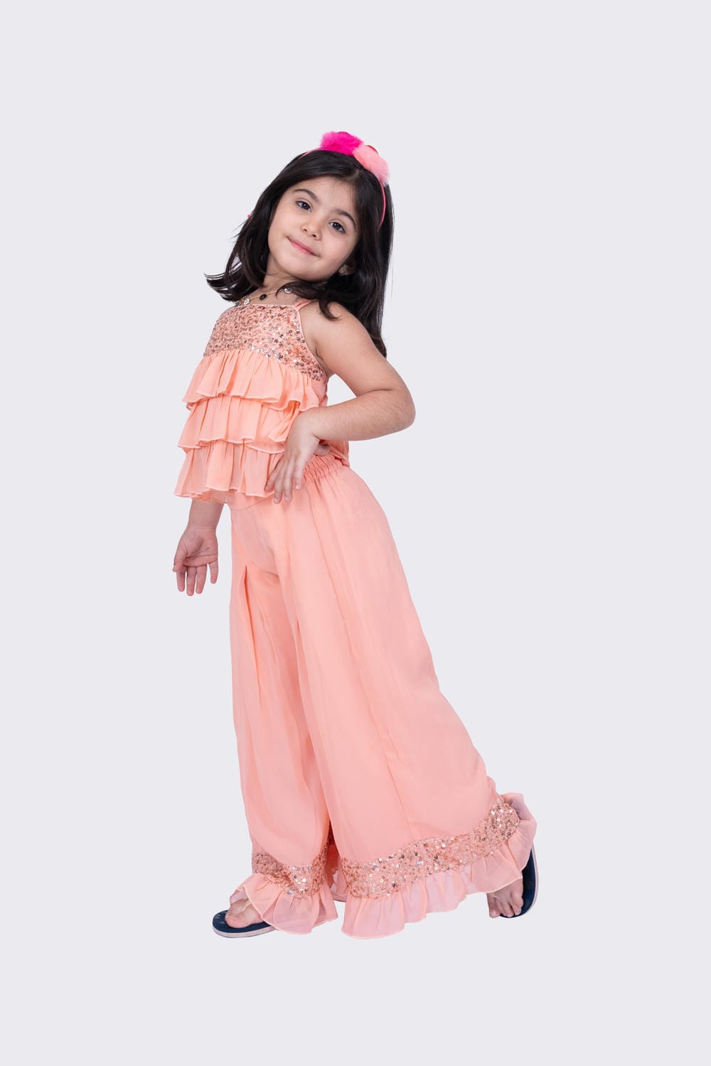 Twisha Girl's Sleeveless Strappy Georgette Sequenced Frilled Top & Palazzo - Peach