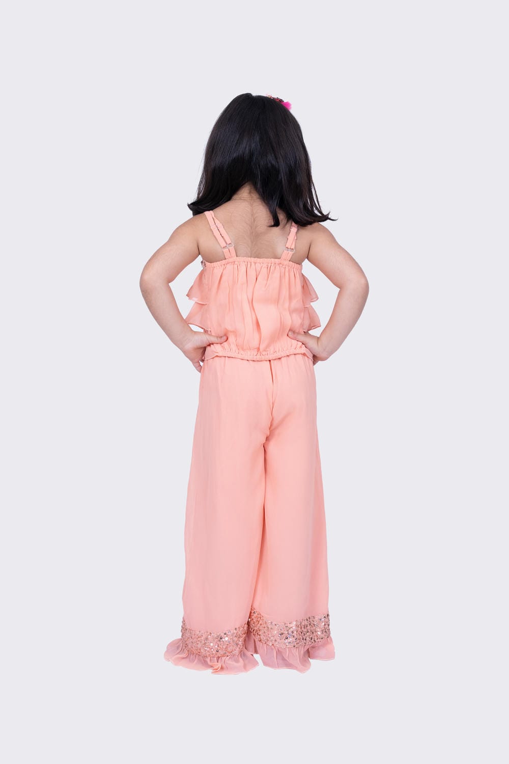 Twisha Girl's Sleeveless Strappy Georgette Sequenced Frilled Top & Palazzo - Peach