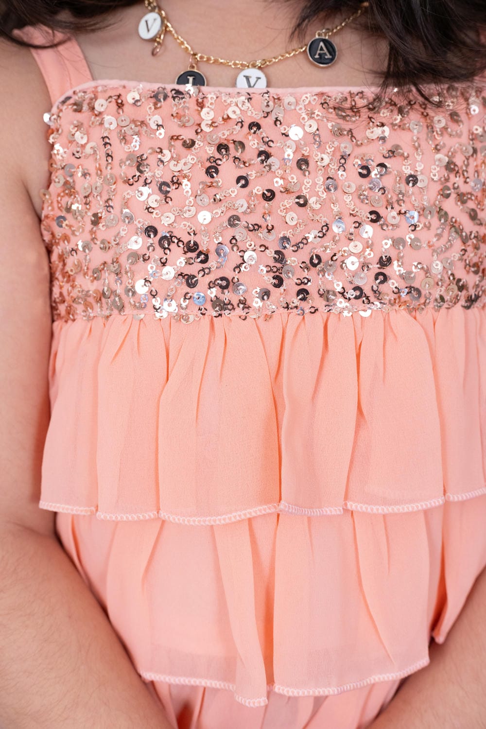 Twisha Girl's Sleeveless Strappy Georgette Sequenced Frilled Top & Palazzo - Peach