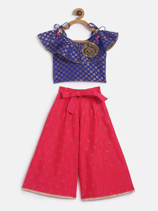 Twisha Girls Brocade Top With Self Designed Palazzo - Blue & Red