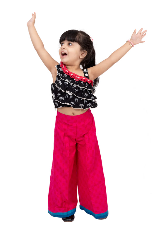 Twisha Rayon Sleeveless Zebra Printed Top with Palazzo - Black & Coral