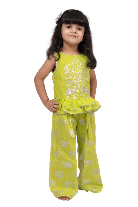 Twisha Chanderi Sleeveless Elephant Printed Top with Palazzo - Limegreen