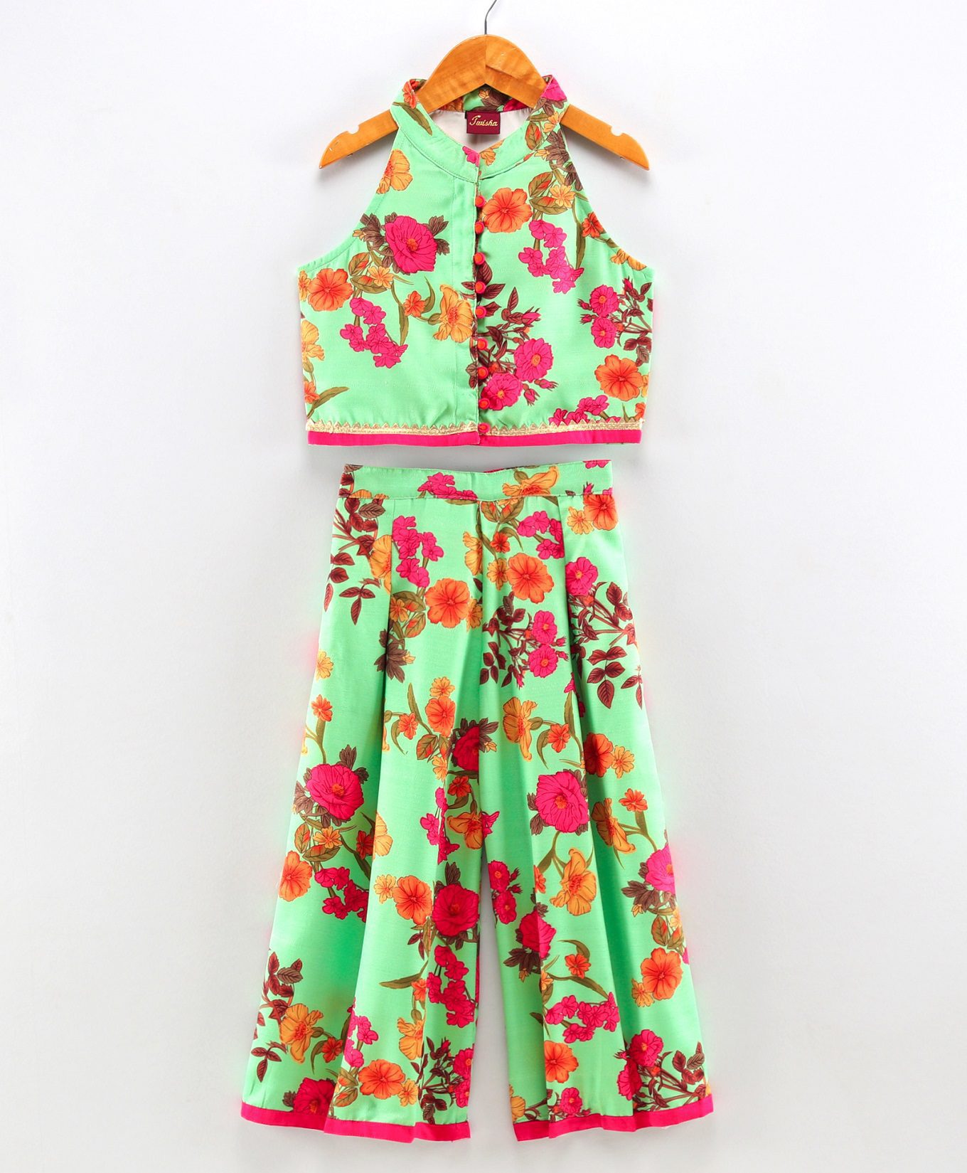 Twisha Girls Floral Printed Top With Palazzo - Green