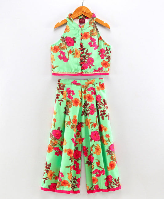Twisha Girls Floral Printed Top With Palazzo - Green