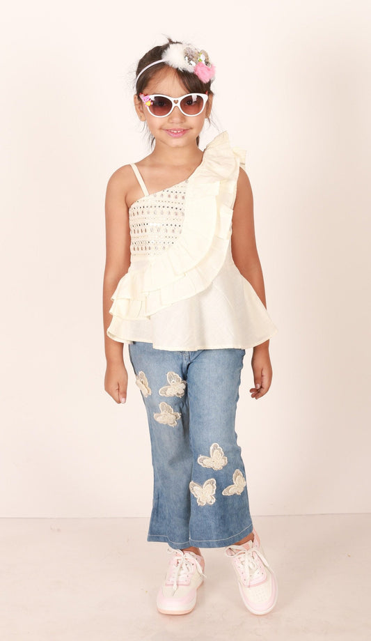 Twisha Girls One Sided Frilled Top & Jeans Embellished With Beautiful Butterfly Patches - Off White & Blue