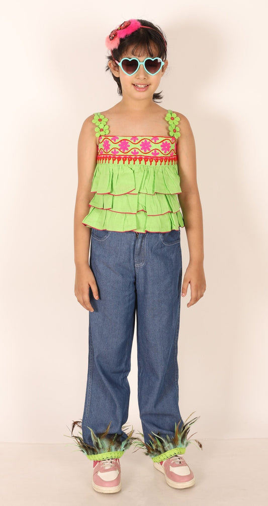 Twisha Girls Embroidered Frilled Top & Embellished With Feathers Lace Jeans - Lime Green & Blue