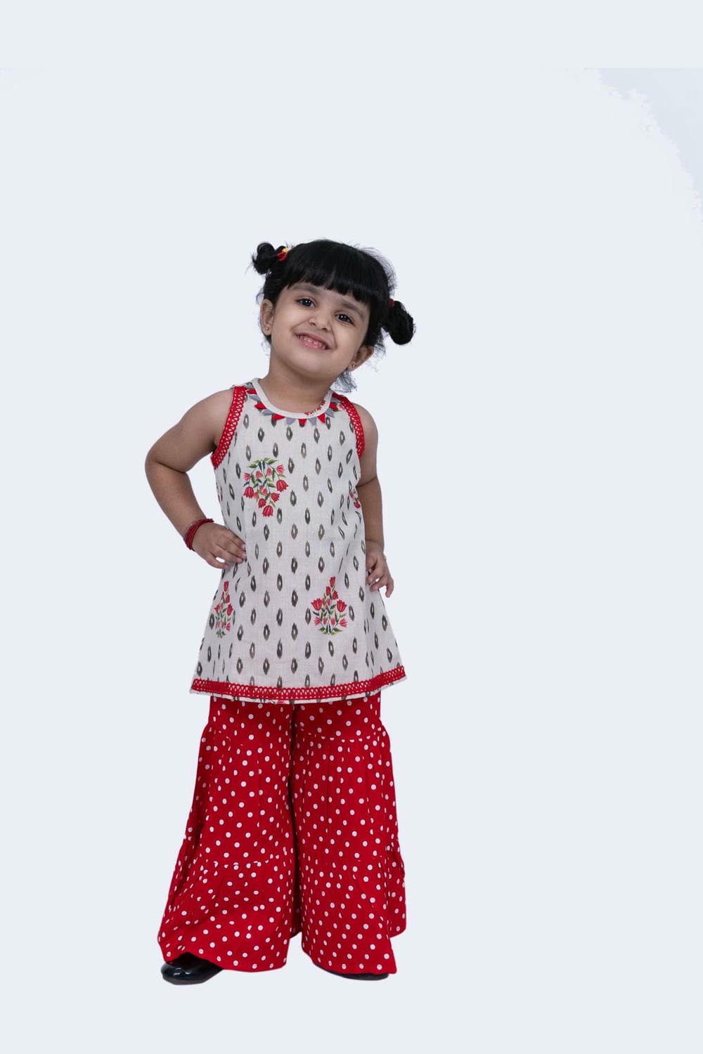 Twisha Girls Top & Sharara Set - Offwhite & Red