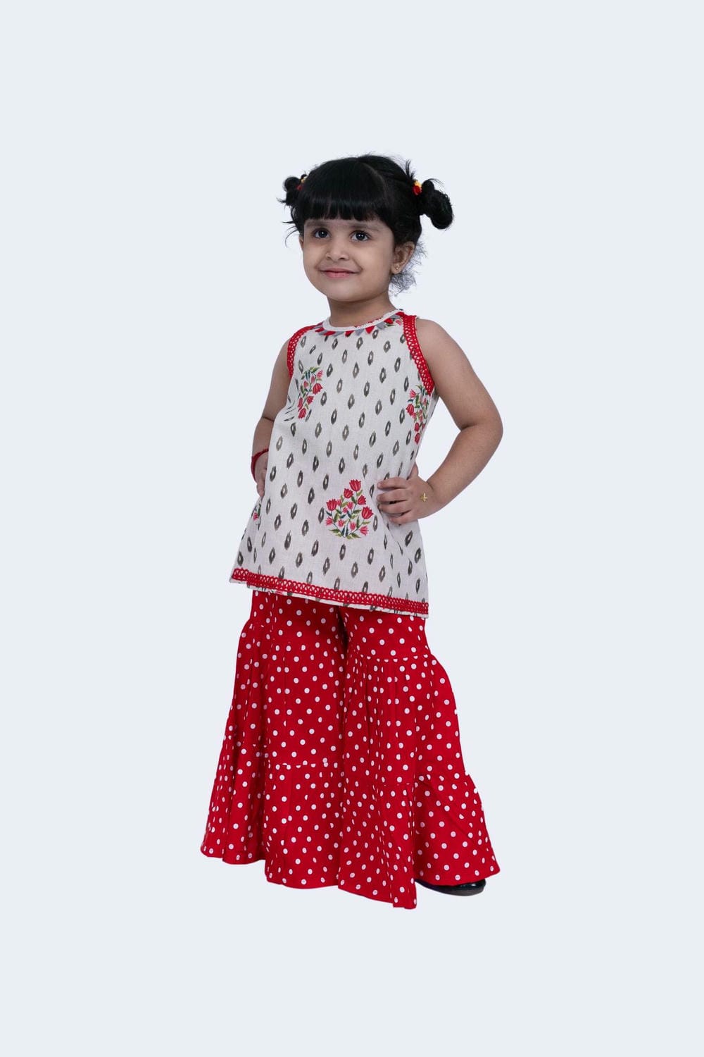 Twisha Girls Top & Sharara Set - Offwhite & Red