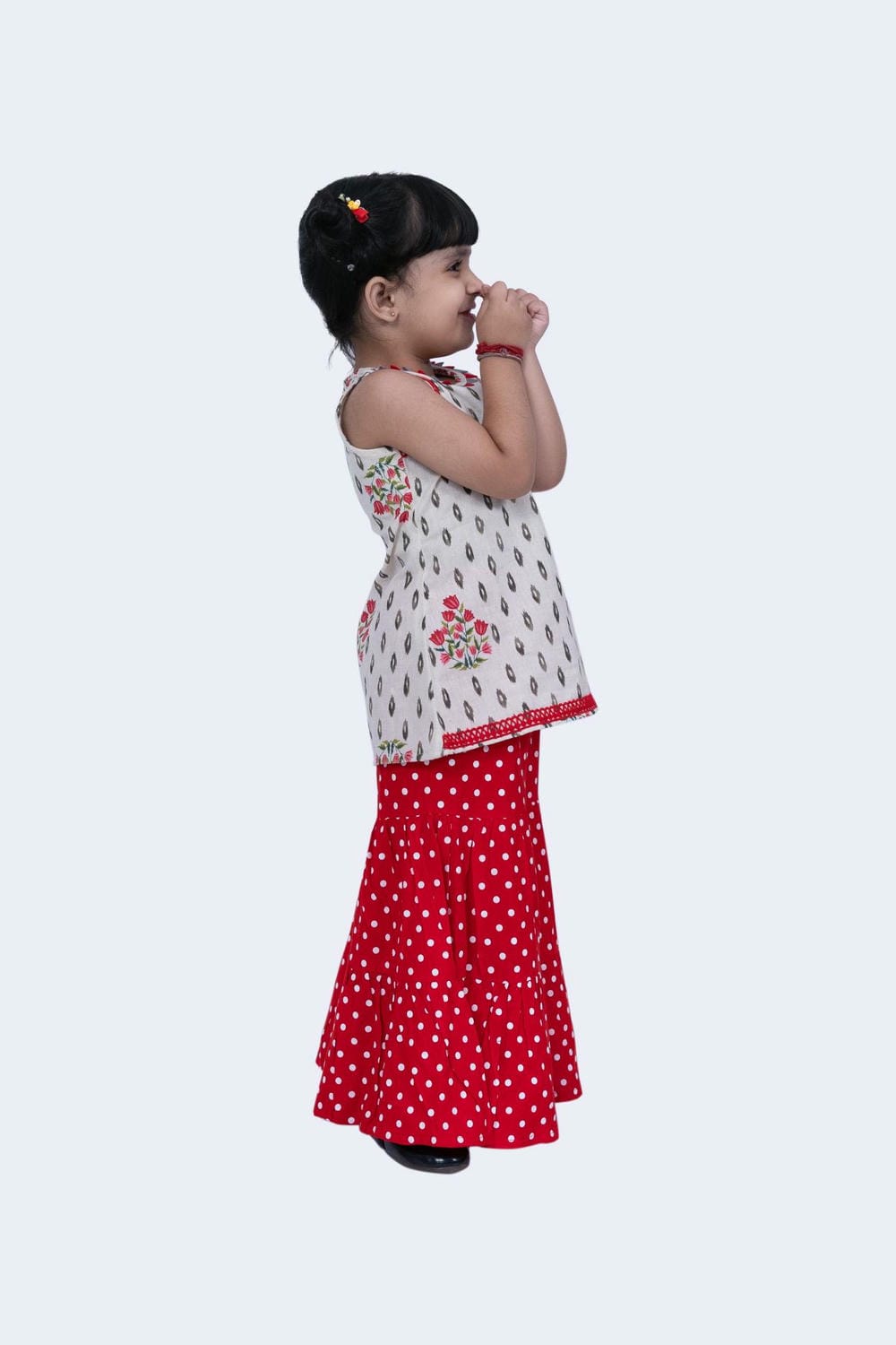 Twisha Girls Top & Sharara Set - Offwhite & Red