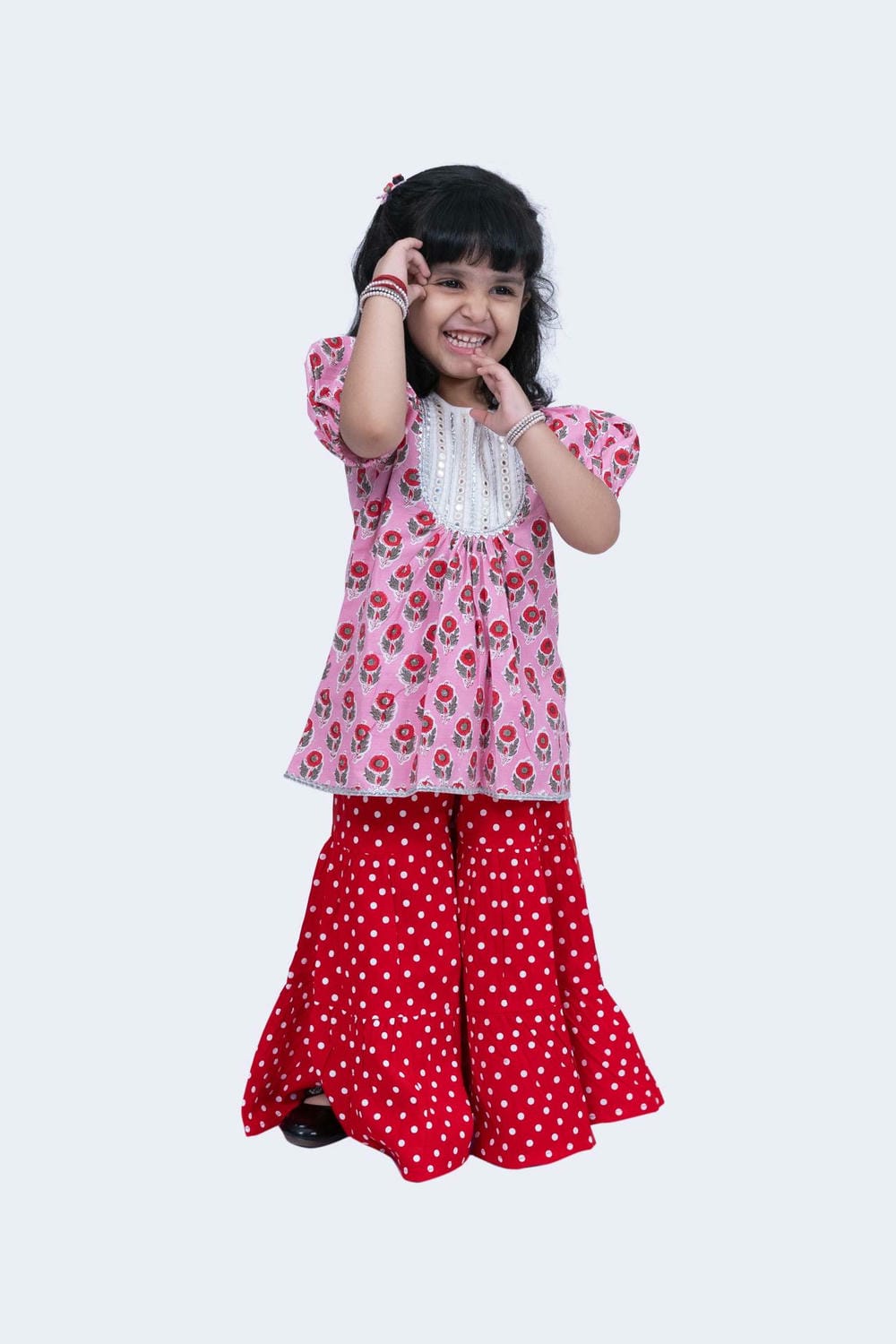 Twisha Girls Top & Sharara Set -Pink & Red