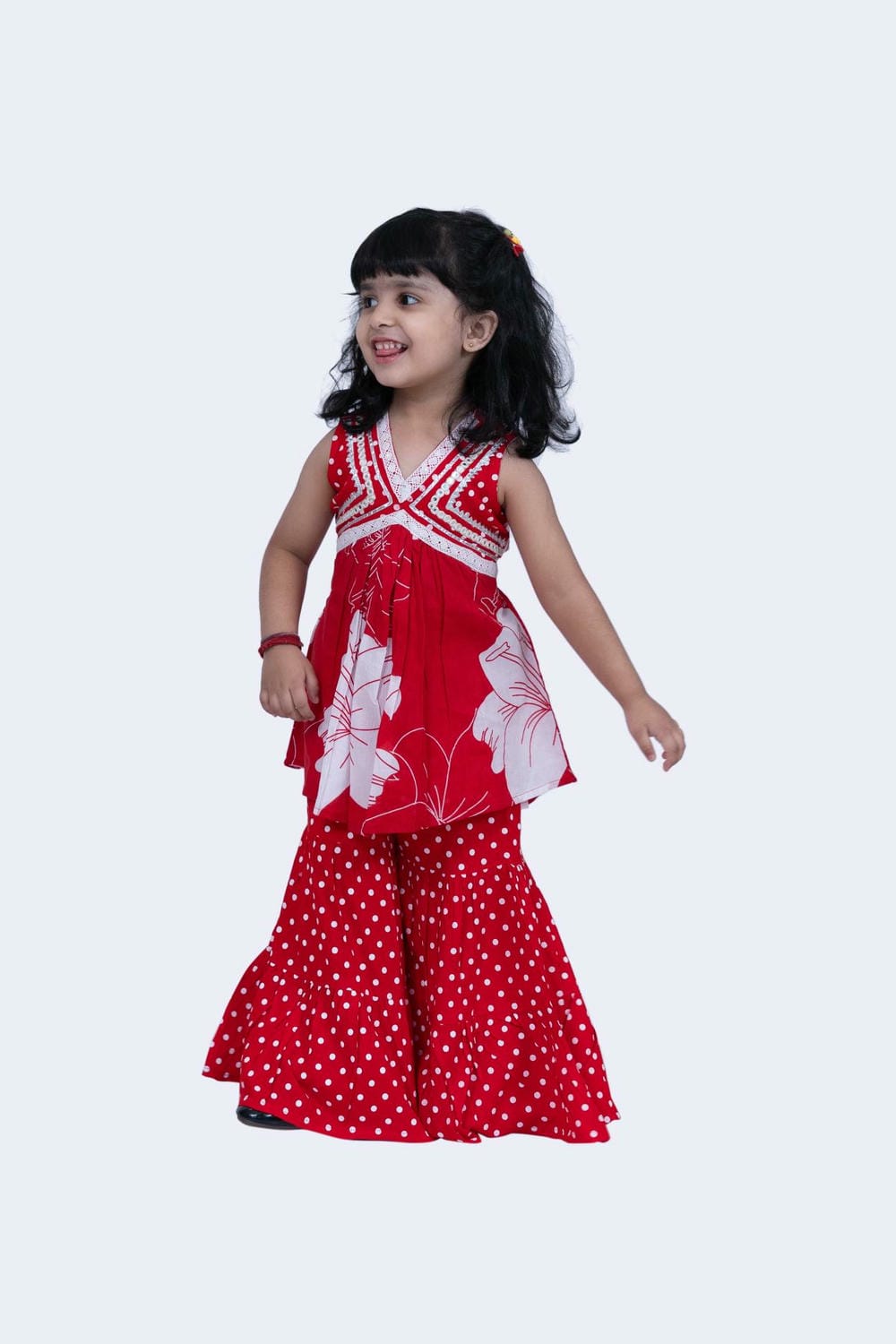 Twisha Girls Top & Sharara Set -Red & White