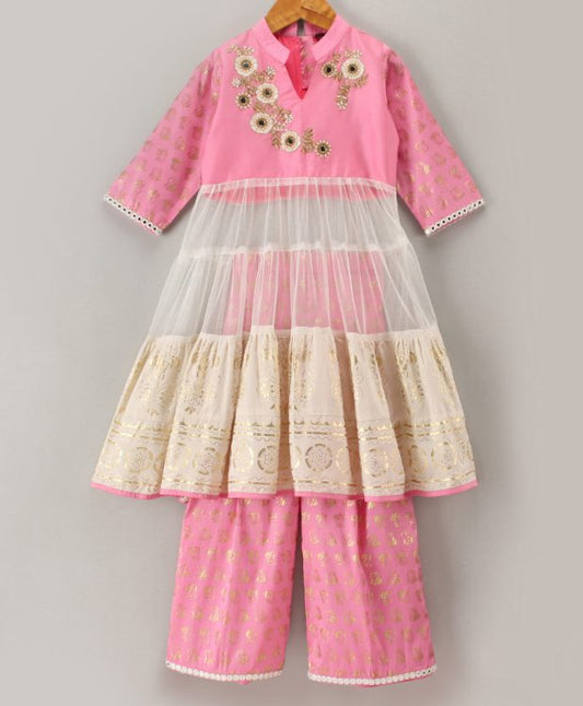 Embroidered Top with Palazzo - Pink & Off White