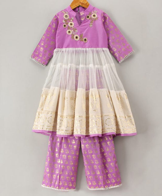 Embroidered Top with Palazzo - Mauve & Off White