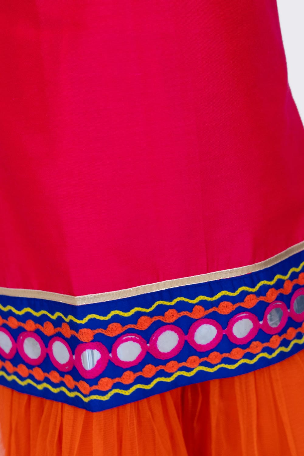 Twisha Girl's Sleeveless Polyester Mock Jacket Embroidered Top with Sharara-Pink & Orange